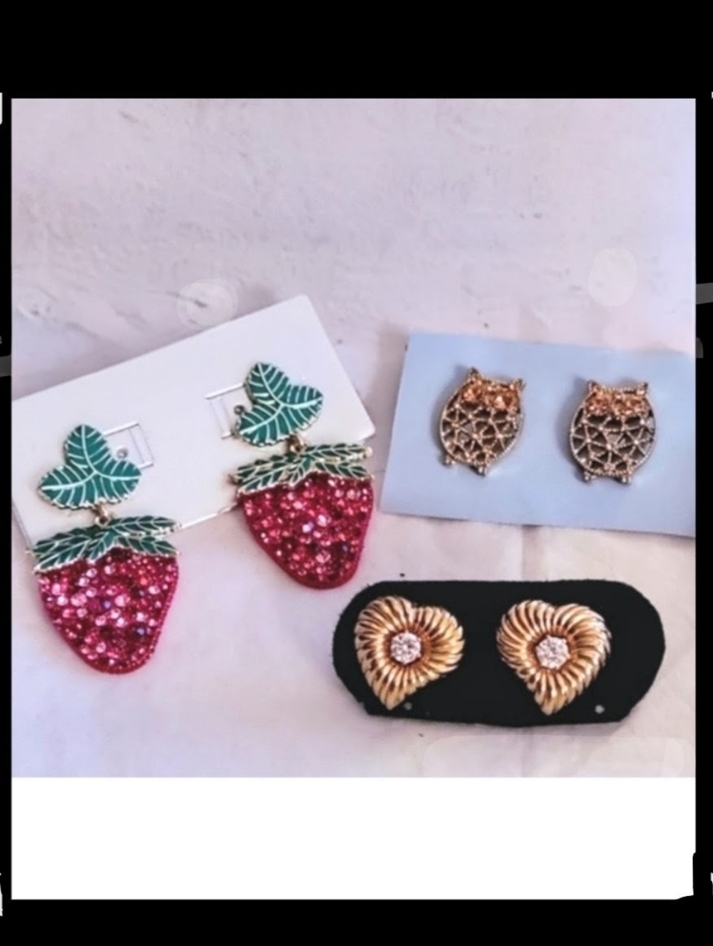 3 pr Earrings: Owls, Strawberries & Hearts